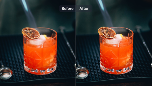 A before and after upscaling picture of a fancy cocktail